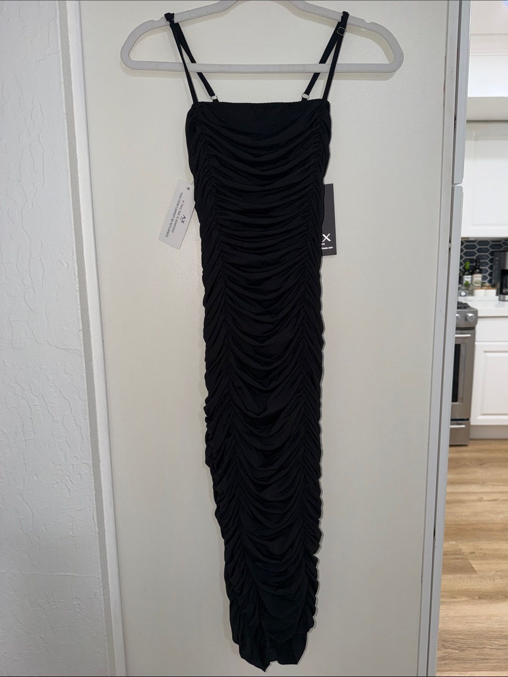 NWT AX Paris Black Ruched Midi Dress with Spaghetti Adjustable Straps | US 4